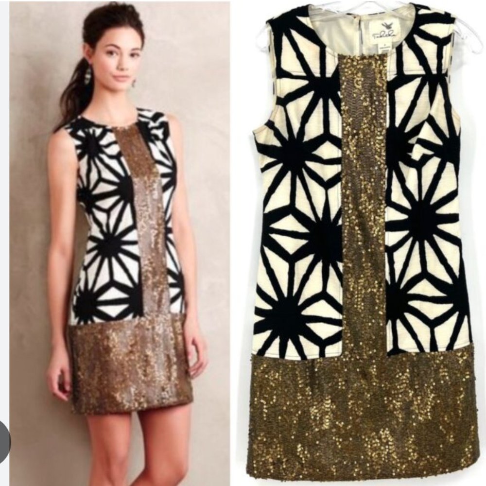 Anthro / Tabitha label black & cream starburst sleeveless dress w/ gold sequins